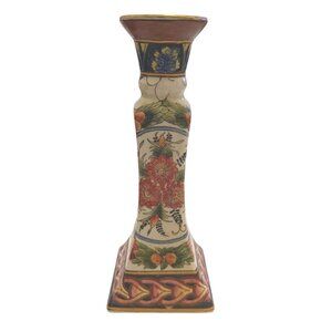 Accent Hand Painted Vtg Ceramic Candlestick Holder Floral Square Base Asian Deco